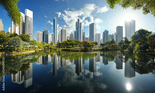 Urban Oasis: Skyscrapers Mirrored in a Serene City Park Lake