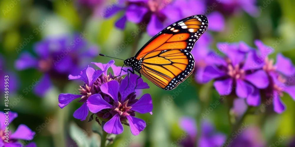 Obraz premium A Monarch butterfly delicately perched on a vibrant purple violet, wings spread, vibrant, outdoor