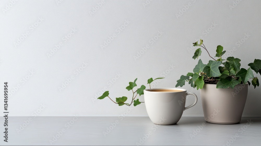 Fototapeta premium A modern minimalist coffee cup sitting next to a tiny potted ivy plant, arranged on a light gray countertop