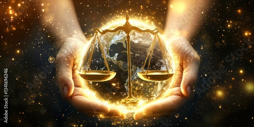 Justice Scales Held in Hands, Global Balance, Divine Light