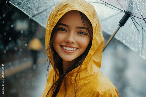 Smiling Woman in Yellow Rain Jacket Enjoys Rainy Day in City Park