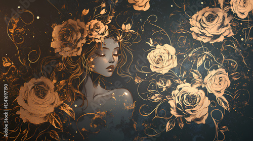 A striking portrait of a beautiful woman adorned with flowers, set against a textured grunge background, creating a blend of softness and edgy contrast