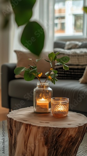 Cozy Living Room With a Candle and Plant on a Wooden Coffee Table in the Afte...