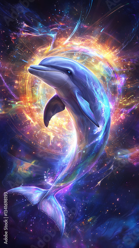 A dolphin leaping out of a luminous, swirling vortex of light and energy in space
