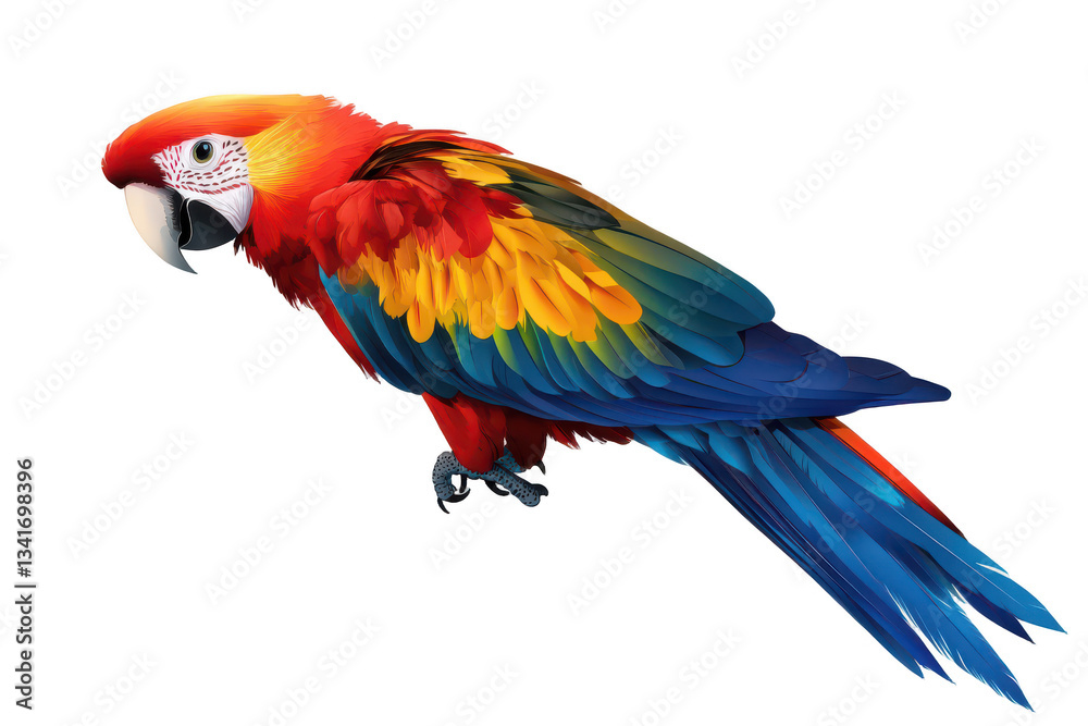Fototapeta premium Vibrant Scarlet Macaw Parrot Illustration – Realistic Tropical Bird PNG with Transparent Background