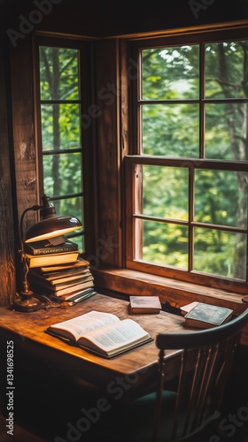 Cozy Reading Nook With Sunlight Streaming Through Windows in a Rustic Cabin