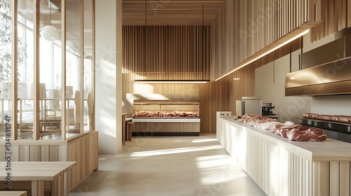 Meat Display in Minimalist Butcher Shop with Wooden Interior Design