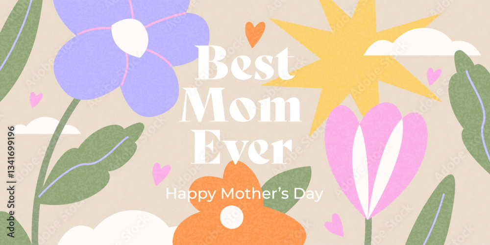 Fototapeta premium Spring summer cute card, cover, banner or poster for spring or summer holiday with wildflowers, daisies, tulips. Hand drawn Floral art template for Mothers Day greetings, ads, sales and decoration