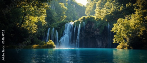 Majestic Waterfall Cascading Into Clear Turquoise Water in a Serene Forest Se...