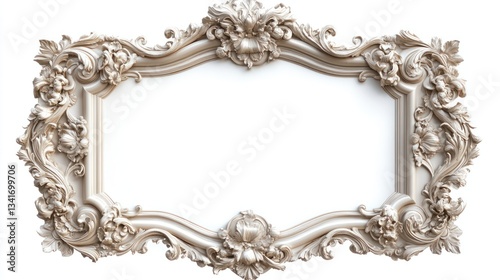 A pearl white baroque frame with raised floral details and an intricate border, isolated on a white background.
