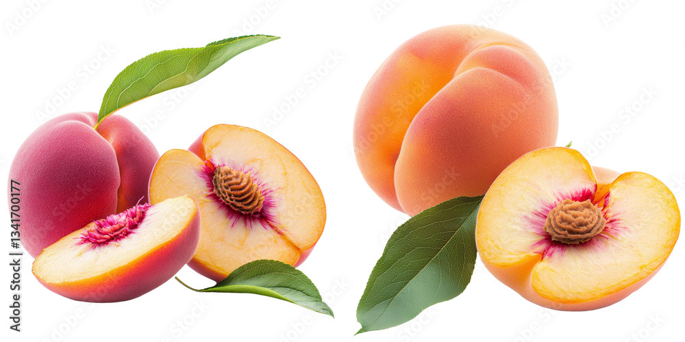 Generative Ai has produced an image of a peach and its leaf, positioned on a transparent background in isolation Generative Ai has produced an image of a peach and its leaf, positioned on a transparent background in isolation