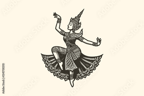 Traditional Thai dancer in elegant costume with dynamic pose. black flat vintage vector engraving