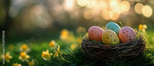 Colorful Easter Eggs Nestled in a Decorative Nest Surrounded by Blooming Flow...