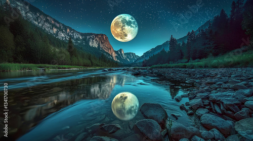 A breathtaking scene featuring a full moon shining brightly over a mountain river, creating a dramatic atmosphere with reflections on the water and a sense of natural beauty photo
