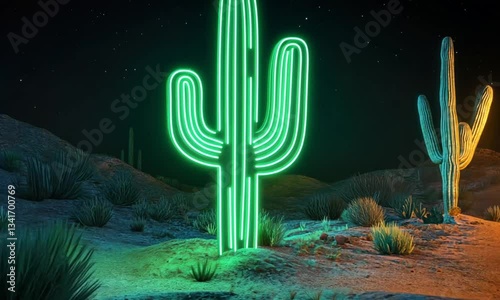 Neon Cactus in Desert Night