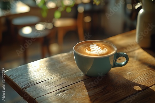 Warm Coffee Cup With Latte Art on a Wooden Table in a Cozy Cafe During Golden...