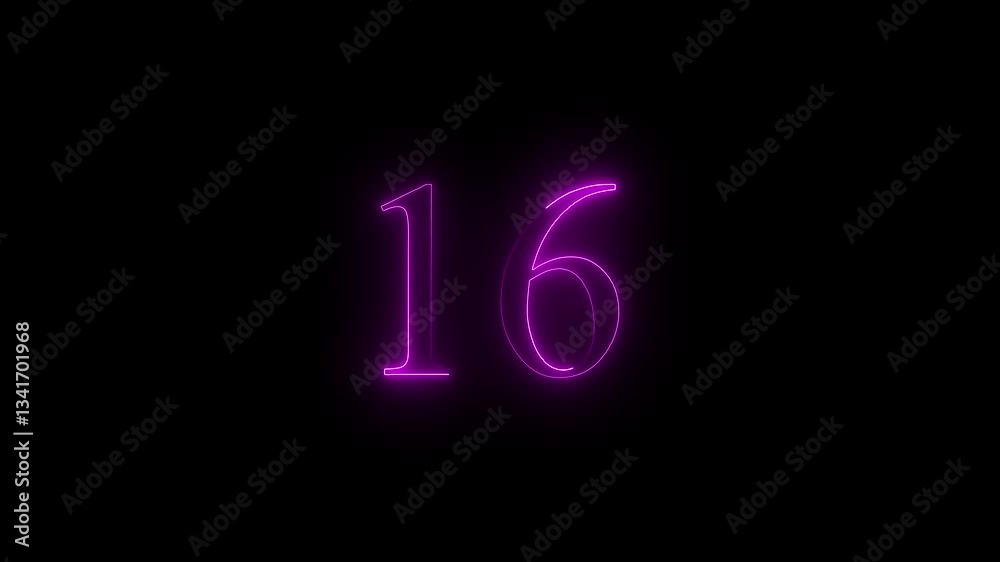 Neon dial 16 icon glowing black background animation. Neon dial 16 icon glowing black background animation.
