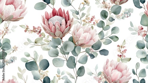 A romantic seamless floral watercolor pattern featuring pastel pink proteas, sage green eucalyptus,