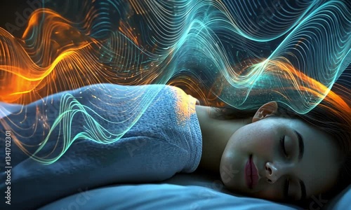 Serene Dreamscape: A Woman's Peaceful Slumber Illuminated by Ethereal Waves of Light and Color