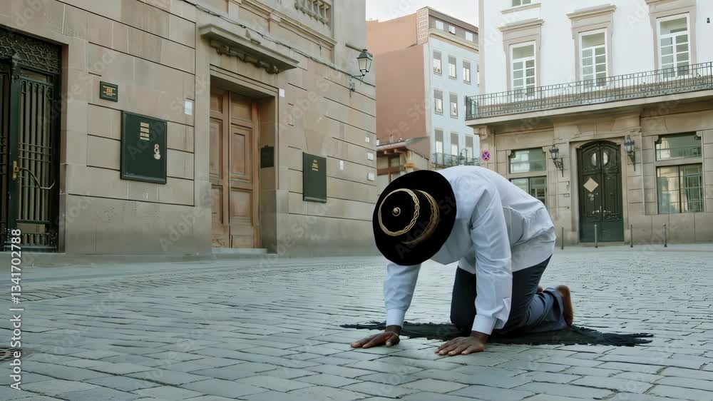 Muslim man praying salat ritual on urban street carpet, religious devotion visible