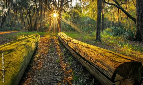 Sunlit Forest Path: Mossy Logs at Golden Hour