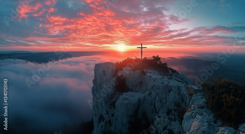 Majestic Sunset Over Mountain Peak With Cross Silhouette Amid Clouds and Rich...