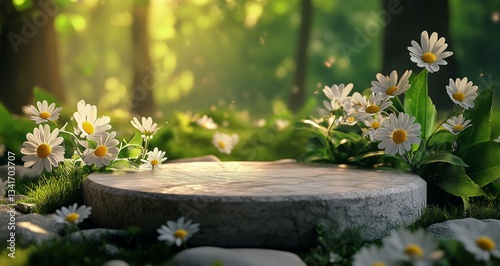 Relaxing Garden With a Stone Platform Surrounded by Daisies in Soft Sunlight ...