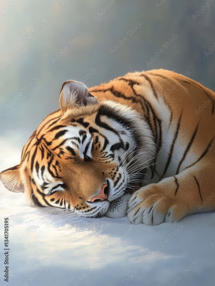 Naklejka premium Siberian Tiger Winter Slumber - A majestic Siberian tiger rests peacefully in the snow, symbolizing tranquility, power, wild beauty, winter serenity, and the cycle of nature