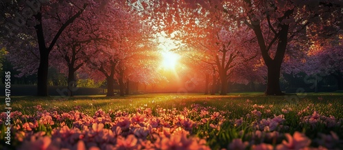 Sunset Casting Warm Light Through Cherry Blossom Trees in a Serene Park Durin...