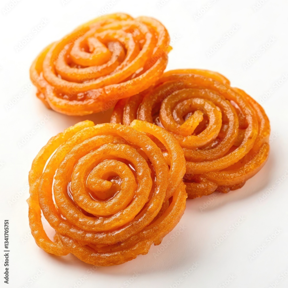 Fototapeta premium Golden Jalebi Swirls, A Delightful Treat Of Sweet, Crispy Spirals, A Tempting Culinary Delight On A Bright White Background