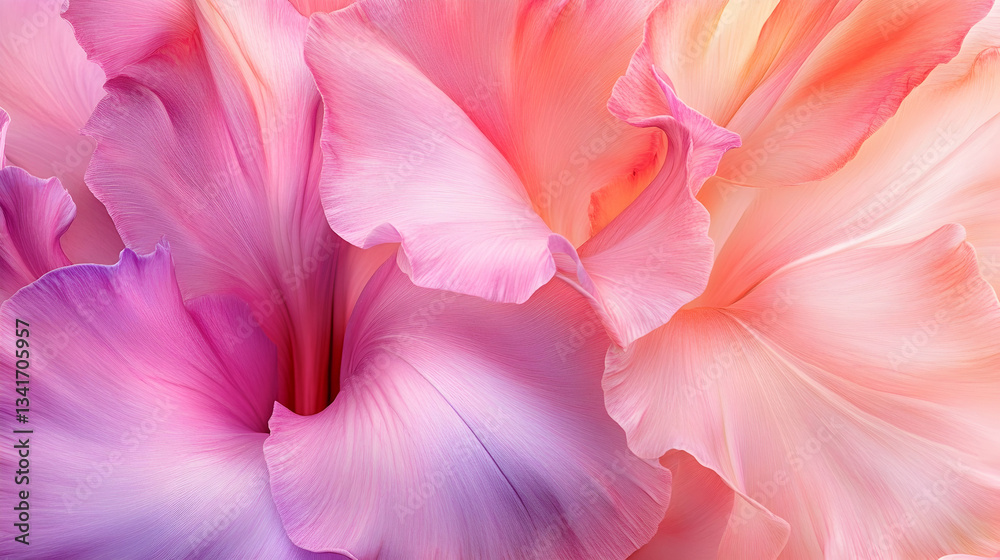 Fototapeta premium An abstract macro showcasing delicate pink petals transitioning into peach hues, highlighted by soft edges and elegant curls.