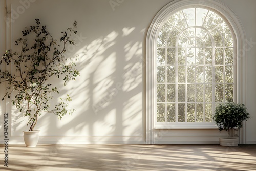 Bright and Inviting Indoor Space with Large Decorative Window and Plants