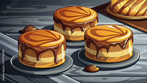 Caramel Cheesecakes, a stylish photo of elegant cheesecakes on a grey surface, in studio lighting, chocolate glaze of top