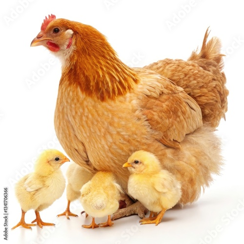 A Warm, Golden Hen Protectively Gathers Her Fluffy Yellow Chicks Under Her Wings, A Scene Of Maternal Love And New Life Against A Bright White Background