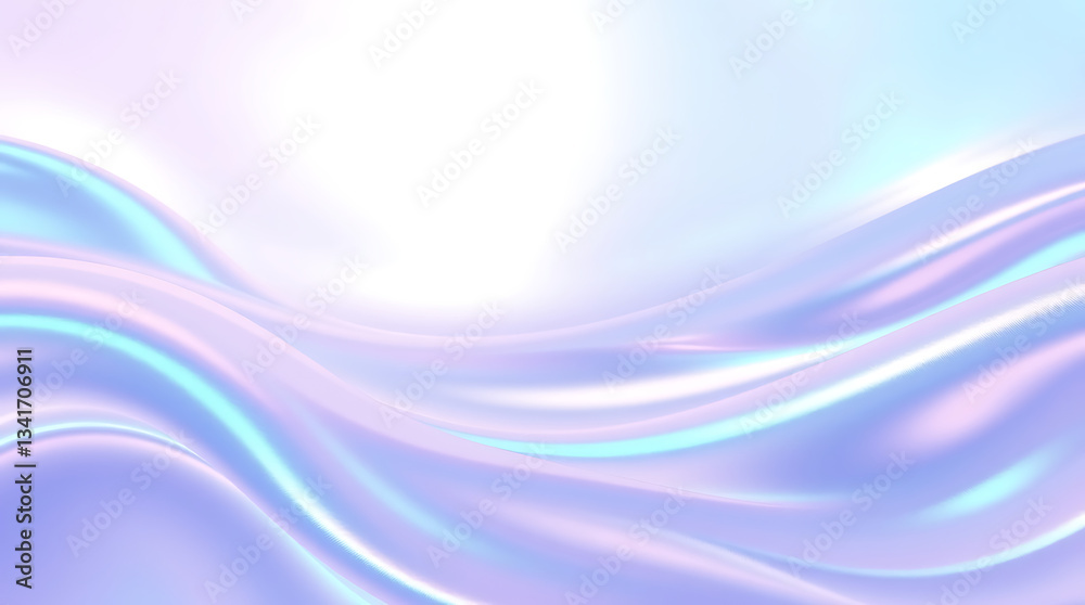 Obraz premium A vibrant holographic background with smooth gradient waves and an iridescent sheen. The reflective surface shifts between pastel blues, purples, and pinks, Created with generative AI