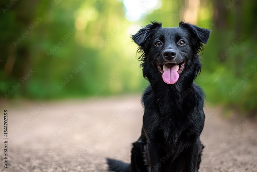 Fototapeta premium Playful black dog sitting on a forest path, surrounded by lush greenery, enjoying the outdoors