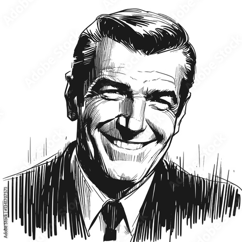 A Genuine Grin, portrait man smiling black and white line art drawing smile ink sketch vector hand drawn illustration background