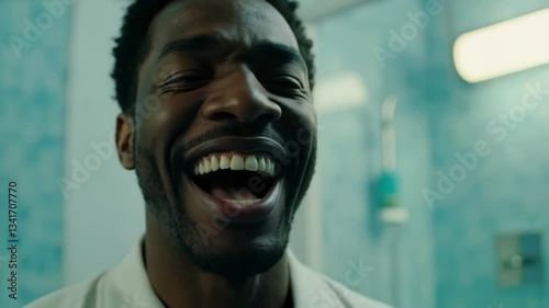 Closeup portrait of a happy black man singing in a bathroom