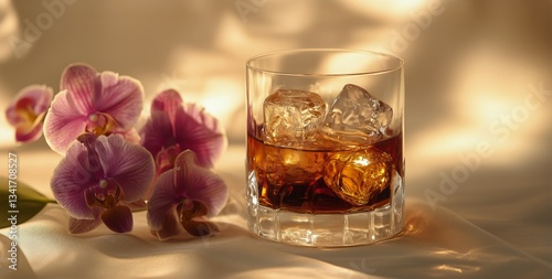 Refreshing Cocktail With Ice and Orchid Flower on a Soft Beige Background