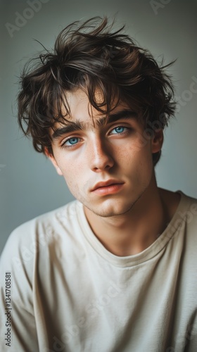 Young Man With Striking Blue Eyes and Tousled Hair Sitting Indoors in Soft Li...