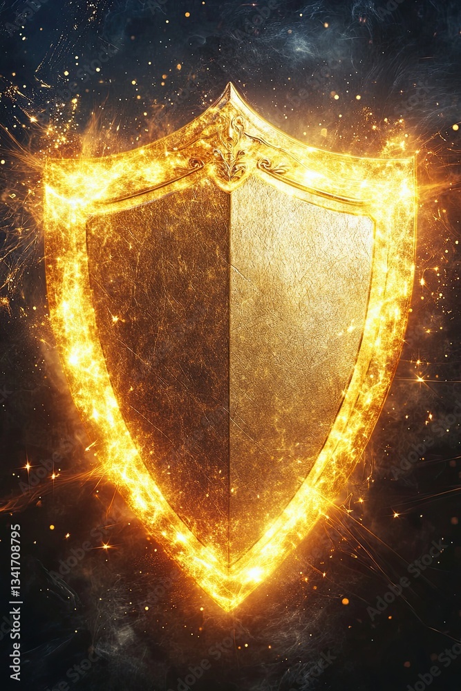 Fototapeta premium Glowing golden shield with fiery edges floating in a dark mystical background symbolizing protection and strength