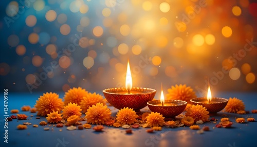 Traditional Indian Diya Lamp with Marigold Flowers for Hindu Festival Celebrations and Rituals

