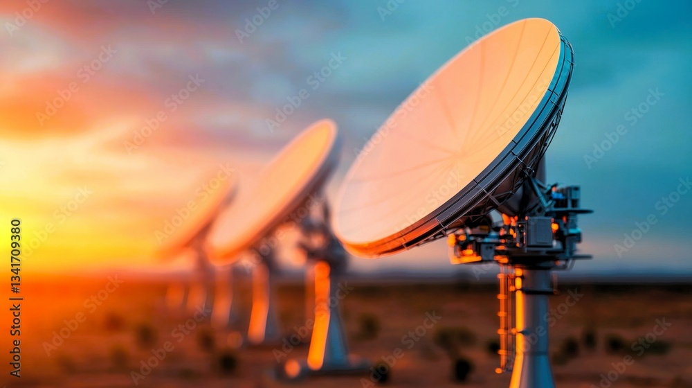 Satellite dishes capture signals against a colorful sunset backdrop, showcasing technology's blend with natural beauty. Satellite dishes capture signals against a colorful sunset backdrop, showcasing technology's blend with natural beauty.