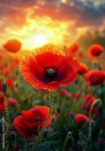 Vibrant Red Poppy Stands Tall Against a Stunning Sunset in a Serene Landscape