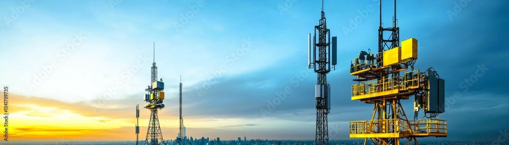 A skyline at sunset featuring radio towers and communication antennas against a colorful sky. A skyline at sunset featuring radio towers and communication antennas against a colorful sky.
