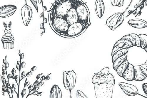 Happy Easter set. Easter eggs  and spring flowers.  Vector background. Sketch  illustration. 