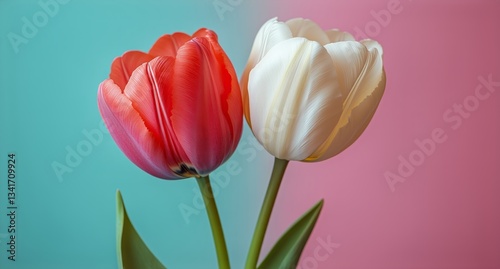 Colorful Tulips Bloom in a Vase Against a Softly Lit Background During Spring...