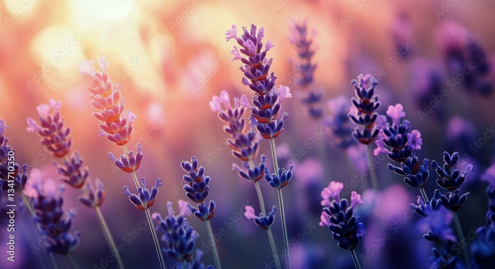 Fototapeta premium Lavender Blooms Soaking up Golden Sunlight in a Serene Garden During Early Morning Hours