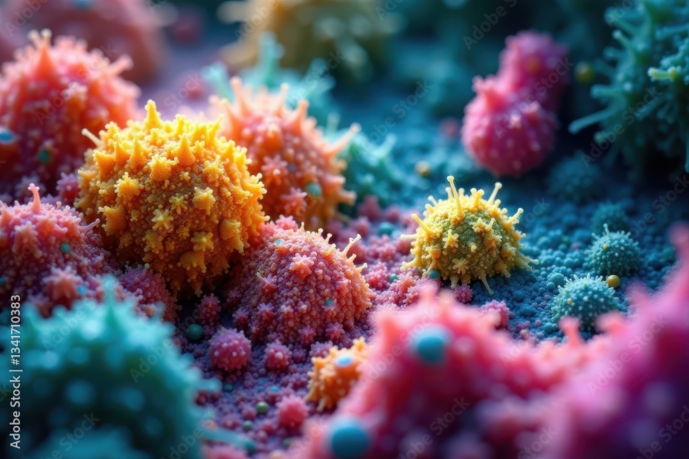 Fototapeta premium Colorful colonies of bacteria on a slide under microscope, thriving ecosystem, health, vibrant colors