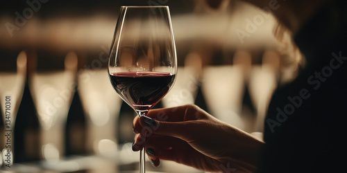 A female Professional sommelier smelling, tasting red wine, rose, champagne from a wine glass in indoor winery, vineyard bar restaurant for the wine tasting contest, cinematic light background